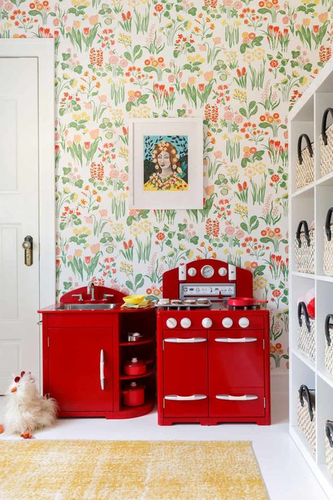 Willa's Playroom Reveal - Centered by Design Red Playroom, Playroom Color Scheme, Wallpaper Makeover, Dining Room Playroom, Kitchen Play Set, Playroom Wallpaper, Colorful Playroom, Dining Room Updates, Fabric Matching