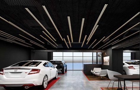 Birlik Auto Gallery | Auto Gallery Designs | Two Plus Architects Decorative Brick Wall, Car Showroom Architecture, Mesh Ceiling, Car Showroom Interior, Car Showroom Design, Frameless Sliding Doors, Garage Design Interior, Luxury Car Garage, Showroom Interior Design