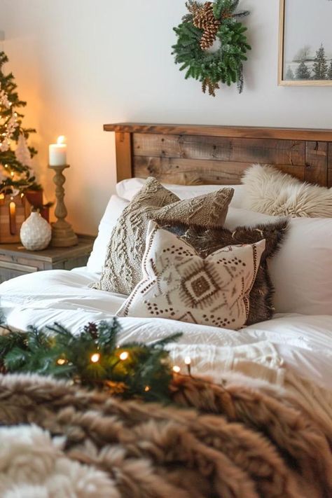 Bedroom Essentials: Christmas Theme Nightstands Warm Christmas Bedroom, Christmas Nightstand Decor, Christmas Themed Bedroom, Farmhouse Christmas Bedroom, Christmas Bedrooms, Cozy Christmas Bedroom, Winter Interior Design, Winter Bedroom Decor, Holiday Bedroom Decor