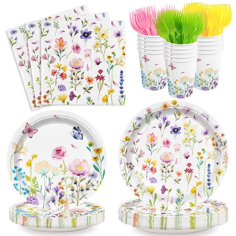 PRICES MAY VARY. 【Wild Floral Design】This watercolor wildflower party supplies has the design of coloful flowers and cute butterfly, full of summer elements and wild atmosphere, make your birthday party eye-catching, more interesting and attractive 【Colorful Flower Party Supplies】The wildflower birthday party supplies include 24pcs 9'' wildflower dinner plates, 24pcs 7'' floral dessert plates, 24pcs floral napkins, 24pcs floral paper cups, and 24pcs Forks winth three colors. This wildflower tabl Summer Floral Party, Flowers First Birthday Party, A Little Wildflower Baby Shower Theme, Two Wild Wildflower Birthday, Flower Theme Birthday Party Decoration, Wildflower Birthday Food, Wildflower Bachelorette, Wild Flower Birthday Theme, Shes A Wildflower Birthday