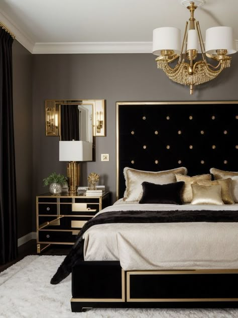 Create a regal and sophisticated bedroom aesthetic for men with a statement velvet tufted headboard, complemented by a sleek and modern black nightstand. Add accents like gold-trimmed wall sconces and a plush faux fur rug for a touch of luxury. Bedroom Aesthetic For Men, Royal Bedroom Aesthetic, Gold Accent Wall Bedroom, Modern Black Nightstand, Black Accent Wall Ideas, Scandinavian Dining Room Decor, Aesthetic For Men, Velvet Tufted Headboard, Black Gold Bedroom