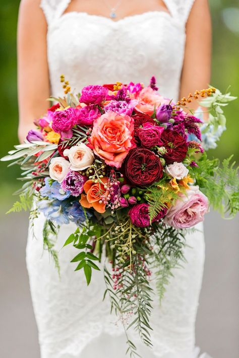 Jewel Toned Masterpiece: http://www.stylemepretty.com/2015/06/30/6-vibrant-wedding-bouquets-that-will-wow-you/ Garden Rose Bridal Bouquet, Bohemian Wedding Colors, Colorful Bridal Bouquet, Summer Wedding Bouquets, Flowers And Greenery, Bird Wedding, Boda Mexicana, A Bouquet Of Flowers, Wedding Flowers Summer