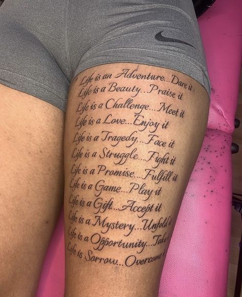 Quote Tattoo On Leg Women, Tattoo Ideas Female Thigh Words, Lap Tattoo Women, Leg Quote Tattoos Women, Arm Tattoo Ideas Female Meaningful, Thigh Tattoos Women Quotes, Tattoo Word Ideas, Words Down Leg Tattoo, Thigh Tattoos Women Black