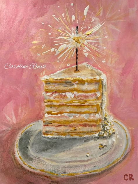 Dessert Acrylic Painting, Cafe Acrylic Painting, Paintings Of Cakes, Cake Painting Canvas, Food Paintings Acrylic, Birthday Cake Painting Acrylic, Cake Acrylic Painting, Watercolour Cake Painting, Cake Slice Painting