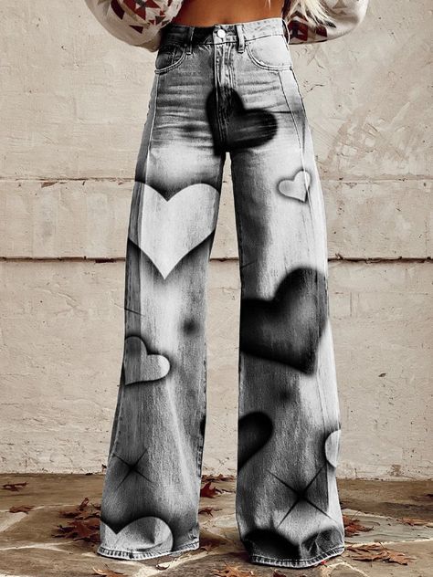 Women's Print Casual Wide Leg Pants Silver-grey Heart Print Pants Design Ideas, Pants Types, Cute Pants Outfits, Designed Pants, Graphic Jeans, Heart Jeans, Ropa Upcycling, Street Style Outfits Casual, Grey Heart