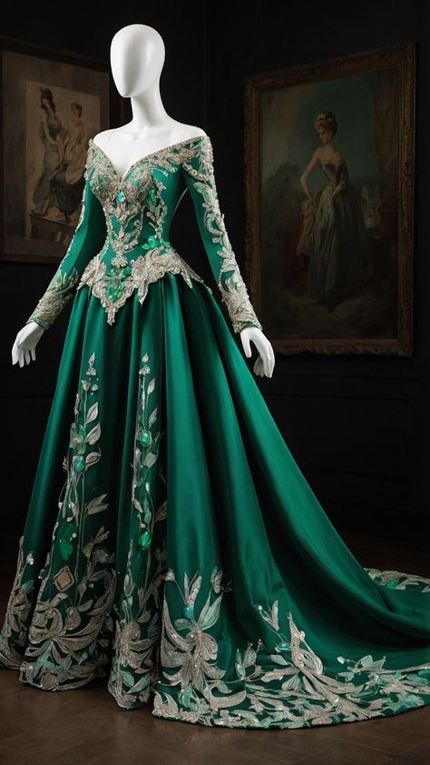 Medieval Dress Princess Gowns, Green Royal Dress, Fantasy Dress Green, Princess Dress Ball Gowns, Fantasy Ball Dress, Medieval Ball Gowns, Medieval Gowns Royals, Queen Dress Royal Medieval, Medieval Inspired Fashion