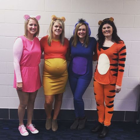 Winnie the Pooh, Tigger, Eeyore, Piglet, Halloween costume Pregnant Teacher Halloween Costumes, Diy Tigger Costume, Winnie Pooh Kostüm, Eeyore Costume Diy, Eeyore Costume, Piglet Costume Diy, Tiger Costume Diy, Piglet Costume, Disney Family Costumes