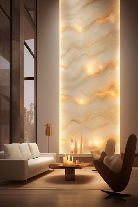 An elegantly modern living room featuring a large, illuminated wall panel as the accent piece. Onyx Marble Living Room, Onyx Bedroom Wall, Stone Feature Wall Living Room, Onyx Wall Design, Modern Wall Design Ideas, Tile Accent Wall Living Room, Marble Wall Living Room, Large Accent Wall Living Room, Focal Wall Ideas Living Room