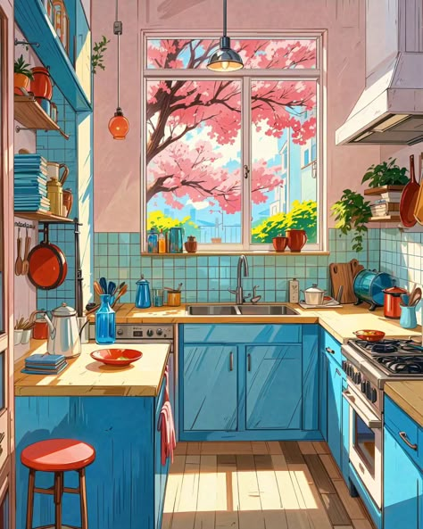 In a kitchen bathed in morning light, the window frames a dance of cherry blossoms, where each petal whispers the secret joys of simple living. 🌸 . . . . . . . #aiart #aiartcommunity #aiartwork #aiartdaily #aiartfamily #aiartist #aipainting #midjourney #lofi #playgroundai #leonardoaiart #prernaverse #artexploration #digitalart House Illustration Simple, Digital Architecture, Vintage Town, Kitchen Illustration, Interior Design Sketchbook, Window Illustration, House Outer Design, Architecture Drawing Art, Interior Illustration