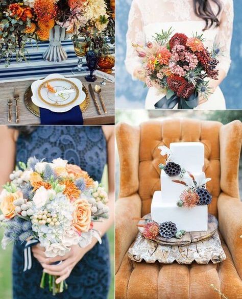 Dusty Blue with Burnt Orange - 12 Perfect Combinations for Fall Wedding Colors - EverAfterGuide Orange And Blue Wedding, Unique Wedding Colors, Blue Wedding Decorations, Wedding Color Scheme, Burnt Orange Weddings, Wedding Color Inspiration, Summer Wedding Colors, Wedding Palette, Fall Wedding Flowers