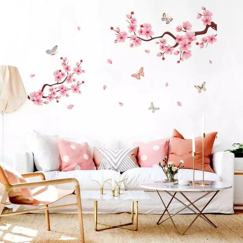 Pink Peach Blossom Wall Stickers, Vinyl Art Removable Decals, Mural Home Decor Bunk Bed Girls Room, Peach Blossom Tree, Girls Bunk Beds, Romantic Diy, Sakura Pens, Butterfly Wall Stickers, Sakura Cherry Blossom, Pvc Wall, Butterfly Decorations