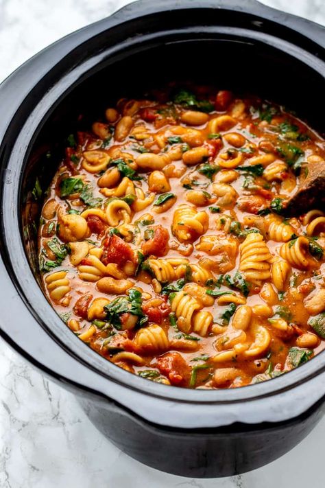 Italian White Bean Soup, Beans Crockpot, Pasta Crockpot, Soup With White Beans, Soup With Pasta, Beans In Crockpot, Vegan Crockpot, Tuscan Soup, Vegetarian Crockpot Recipes