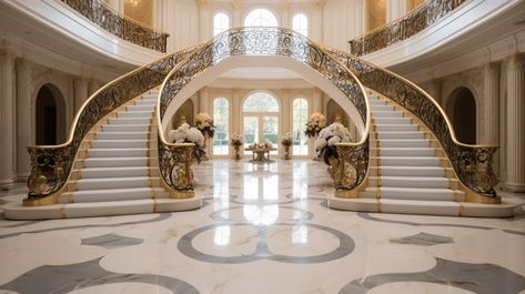 Entrance and Foyer with Cinderella Staircase 2 Staircase Entrance, Grand Entryway Staircase, Double Staircase Foyer House Plans, Double Staircase Entrance, Cinderella Staircase, Fancy Staircases, Jeffree Star House, Double Staircase Foyer, French Staircase