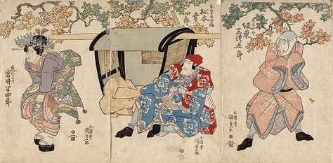 utagawa kunisada, ±1815-20 | woodblock print triptych on paper | 37.8x76.5 | nelson-atkins museum of art, kansas city Period Books, Japanese Edo Period, Japanese Books, Edo Period, Art Japonais, Japanese Woodblock Printing, Historical Characters, Sumi E, Historical Maps