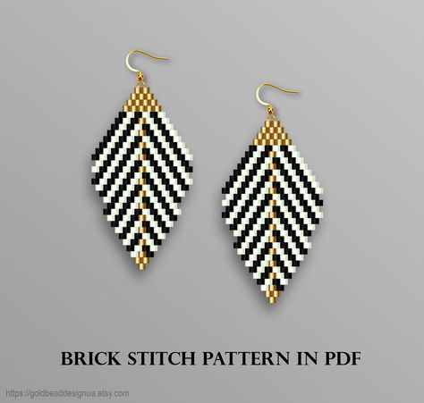 This is an instant DIGITAL download PDF pattern. Striped elegant earrings - Black and white gold minimalist earrings, feather earrings PDF pattern, instant download, simple miyuki bead earring pattern THE PDF FILE INCLUDES: 1. Pattern 2. Bead Legend: color, name, number, and quantity of beads 3. A large, detailed, numbered graph of the pattern  (One in color and one without color) 4. A word chart of the pattern To browse more of my patterns please follow the link: https://goldbeaddesignua.etsy.c Black And Gold Beaded Earrings, Gold Minimalist Earrings, Miyuki Bead, Earrings Feather, Gold Bead Earrings, Bead Earring, Minimalist Earrings Gold, Brick Stitch Earrings, Pattern Simple