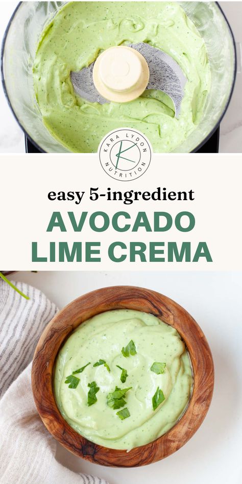 This creamy homemade avocado crema with Greek yogurt comes together in just 5 minutes with only 5 ingredients. Made with Greek yogurt, lime juice, and cilantro, this zesty avocado sauce recipe is simple and yet packed with flavor. Perfect with any Mexican dish, chicken, or fish! Avocado Crema With Greek Yogurt, Avocado Lime Crema, Lime Crema Recipe, Fajitas Chicken, Avocado Sauce Recipe, Greek Yogurt Sauce, Crema Recipe, Lime Crema, Creamy Avocado Sauce