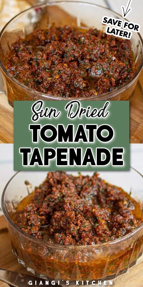 Sun dried tomato tapenade is the perfect dip to pair with your favorite crackers for a tasty appetizer or snack. This tomato tapenade is made with a few simple ingredients and can be thrown together for you next party or holiday, like Christmas and Thanksgiving. This tomato tapenade is full of flavor and will leave you wanting more. Try this recipe today! Tapenade Recipe Appetizers, Sun Dried Tomato Appetizer Recipes, Sun Dried Tomato Appetizer, Sundried Tomato Tapenade Recipe, Sundried Tomato Dipping Oil, Sun Dried Tomato Bruschetta, Sundried Tomato Bread Dipping Oil, Sun Dried Tomato Spread, Sundried Tomato Dip