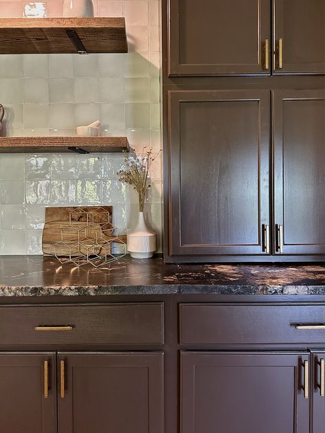 Brown Cabinets With Black Countertops, Cherry Cabinets Black Countertops, Brown Black Kitchen Cabinets, Black Cabinets Brown Countertops, Backsplash Dark Cabinets, Brick Backsplash With Dark Cabinets, Backsplash For Brown Cabinets, Brown Cabinets Black Countertops, Backsplash With Brown Cabinets