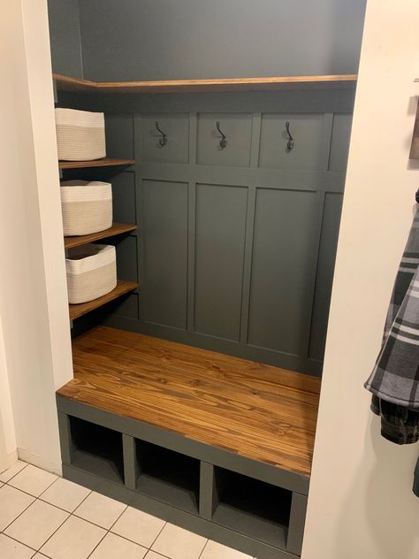 Entry Closet Ideas Entryway, Entry Way Coat Closet Ideas, Closet Front Entry, Entry Door Closet Ideas, Entry Way Hall Closet Organization, Front Door Closet Makeover, Entry Closet Designs, Hall Closet Drop Zone, Front Entry Way Closet Ideas