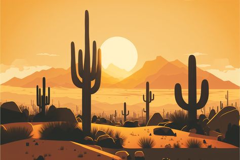 Cartoon-style desert watercolor painting digital file depicting an Arizona desert scene, cactus, and desert. Colors include oranges, terracotta, browns, and greens that will look amazing in your living room, bedroom, office space, or on any wall. Desert Background Art, Minimalist Desert Landscape, Desert Scene Illustration, Gouache Desert, Simple Desert Painting, Desert Cartoon, Desert Sunset Painting, Desert Watercolor, Desert Landscape Art