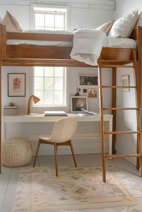 Loft Bedroom Small Spaces, Minimalist Loft Bedroom, Loft Bed Ideas For Small Rooms, Loft Bedroom Ideas, New York Bedroom, Loft Beds For Small Rooms, Minimalist Loft, Scandinavian Loft, Small Kids Bedroom