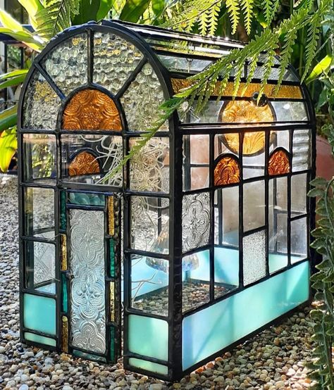 Stainglass Greenhouse, Stain Glass Greenhouse, Stained Glass Greenhouse, House With Greenhouse, Glass Green House, Stained Glass Terrarium, Wardian Case, Victorian Greenhouses, Greenhouse Interiors