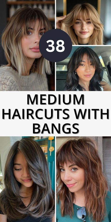 Shoulder-Length Haircuts That Are Beginner-Approved Medium Haircut Layers Shoulder Length, Medium Length With Wispy Bangs, Medium Length Haircut Oval Face Bangs, Round Face Haircuts Medium With Bangs, Medium Hair Curtain Bangs Round Face, Medium Length Wispy Bangs With Layers, Long Bangs Shoulder Length Hair, Mid Length Haircut For Fine Hair With Bangs, Shoulder Length Hair Layers And Bangs