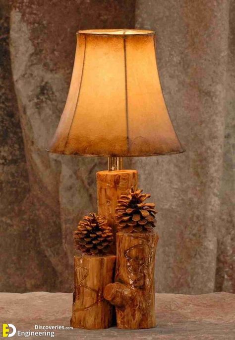 50 Inspiring DIY wooden Lamps Decorating Ideas | Engineering Discoveries Wooden Lamps Design, Wood Lamp Design, Wooden Lamps, Lamp Rustic, Rustic Lamp, Driftwood Lamp, Small Lamps, Log Furniture, Bulb Lamp