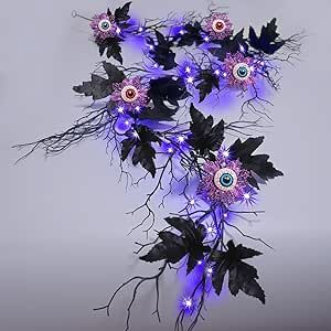 HamiFinee Halloween Garland with Lights 6FT Timer Garland Lights with Big Eyeballs Purple Glitter Flowers Black Branch and Black Maple Leaves for Home Mantle Wall Outdoor Indoor Halloween Decorations Purple Halloween Decorations, Branch Garland, Black Garland, Eyeballs Halloween, Black Halloween Wreath, Garland With Lights, Purple Led Lights, Garland Lights, Wall Outdoor