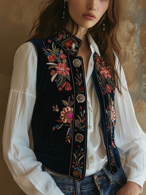 Futario - Women's Fashion Clothing Online Shop Embroidered Waistcoat Women, Velvet Waistcoat Woman, Vintage Western Clothes, Jacket Embroidery Ideas, Embroider Jacket, Vintage Floral Embroidery, Embroidery Stand, Embroidery Jacket, Waistcoat Woman