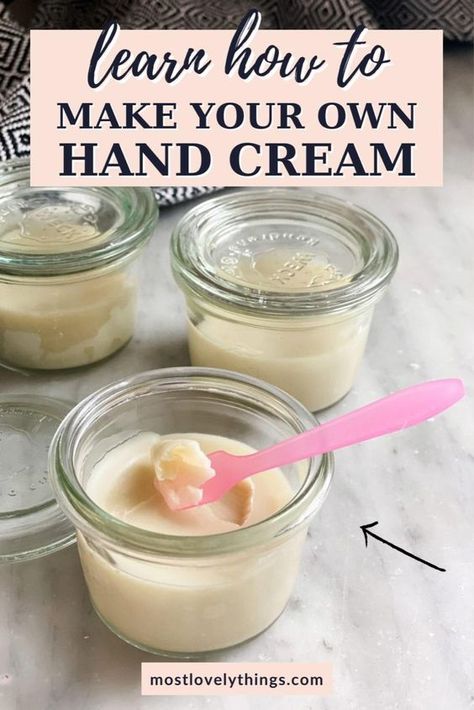 With all the handwashing and hand sanitizing, your hands probably need deep relief and this homemade hand cream really works! To make your own hand cream you'll need shea butter, beeswax, and sweet almond oil, and essential oils, like lavender and lemon. The result is a wonderfully smelling, super soft hand cream that I might feel is a bit too greasy during normal times, but these days…it’s perfect! How To Make Hand Cream, Homemade Hand Cream, Hand Cream Recipe, Diy Hand Cream, Hand Cream Homemade, Best Hand Cream, Diy Foaming Hand Soap, Homemade Lip Balm Recipe, Moisturizing Hand Cream