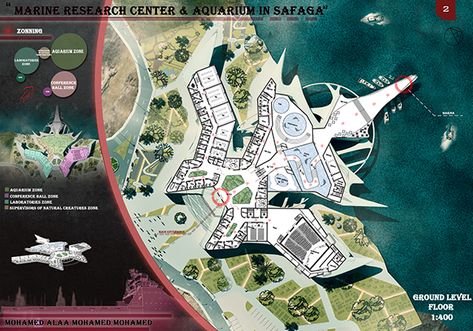 Marine Research Center & Aquarium In Safaga on Behance Aquarium Landscape Ideas, Marine Research Center, Site Development Plan, Aquarium Architecture, Museum Plan, Floating Architecture, Architecture Design Process, Concept Models Architecture, University Architecture