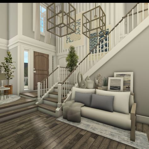 Inspo For Bloxburg House, Cute Staircase Ideas Bloxburg, Cute Bloxburg Houses 2 Story Cozy, Rooms To Build In Bloxburg, Bloxburg Living Room Inspiration, Entryway Idea Bloxburg, Bloxburg Country House Interior, Bloxburg House Themes Exterior, Bloxburg Farmhouse Entry Way