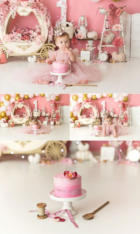 Cinderella First Birthday Photo Shoot, Princess Theme Smash Cake, Princess Theme Photoshoot, Princess Smash Cake, Princess Cake Smash, Princess Smash Cakes, Cake Smash Theme, Baby Birthday Photoshoot, Cake Girl