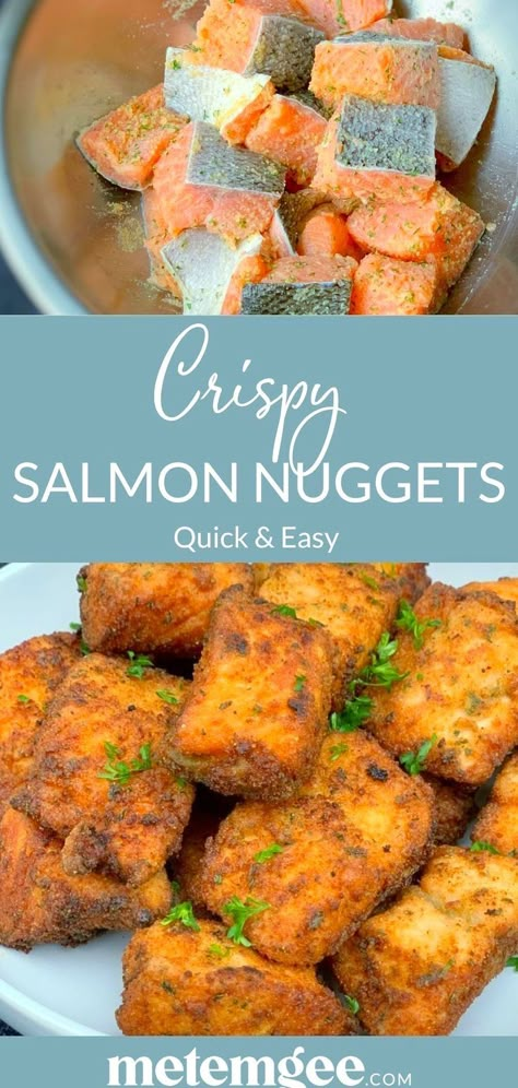 Crispy salmon nuggets are coated in well-seasoned breadcrumbs and then deep-fried to tender golden perfection. This recipe has Whole30 and Paleo options, as well as air fryer and oven instructions. Serve these delicious salmon bites as an appetizer, snack, or main course. Salmon Nuggets, Salmon Bites Recipe, Guyanese Recipes, Crispy Salmon, Salmon Bites, Pan Fried Salmon, Nuggets Recipe, Fried Salmon, Salmon Seasoning