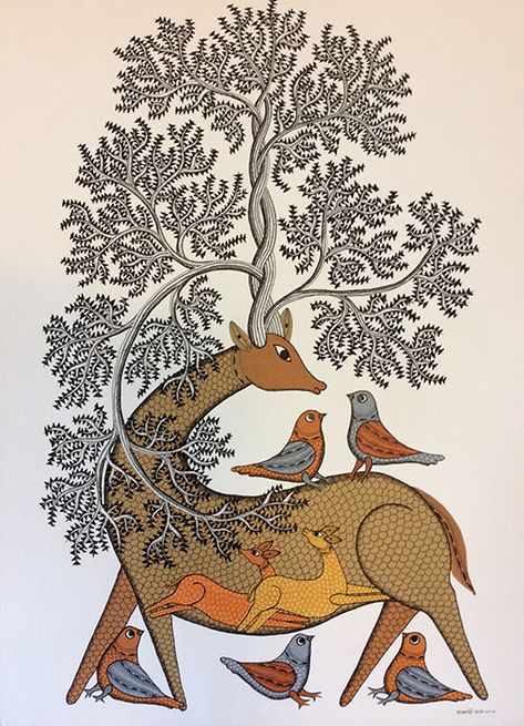 Gond Painting Folk Art Indian, Indian Animal Art, Kalamkari Animals, Gonda Art, Gond Art Animals, Gond Painting Folk Art, Gond Art Paintings, Gond Art, Phad Painting