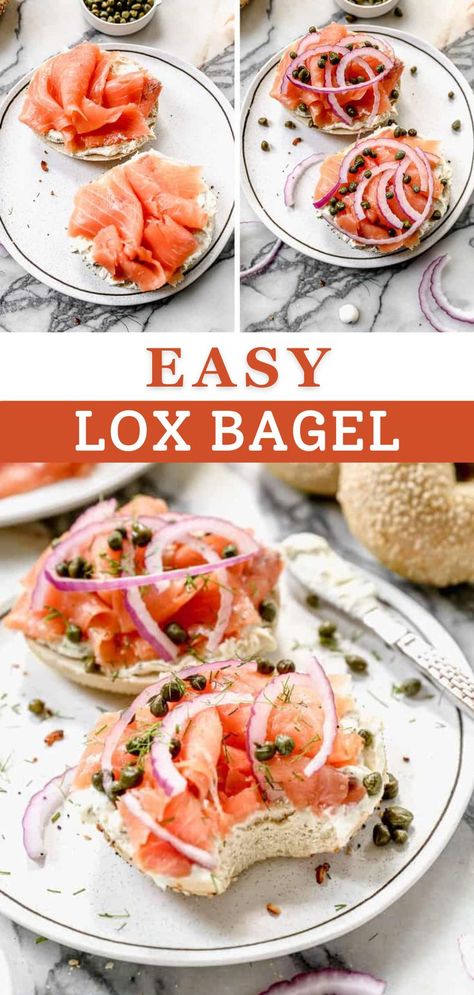 A Lox Bagel with cream cheese, smoked salmon, red onion, capers, and dill on a toasted bagel, perfect for a quick and healthy breakfast. Cream Cheese Smoked Salmon, Lox Recipe, Cream Cheese Smoked, Lox Bagel, Salmon Capers, Herb Cream Cheese, Salmon Lox, Smoked Salmon Bagel, Lox And Bagels