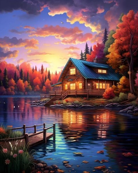 Lake House Illustration, Lake House Drawing, Forest House Illustration, Cabin Sunset, Autumn Is Coming, Rustic Painting, Shadow Painting, Beautiful Landscape Paintings, Landscape Painting Tutorial