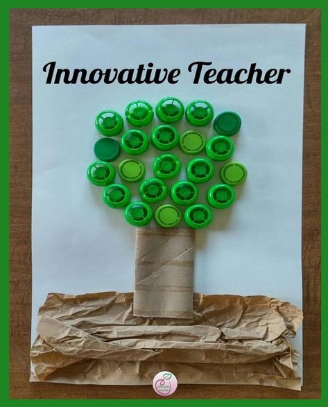 Using recycled items to make an Earth Day Tree #SaveOurEarth #EarthDay #innovativeteacher Recycled Tree Craft, Green Day Craft Ideas, Green Day Celebration In Preschool, Recycling Activities, Earth Day Projects, Recycled Products, Save Our Earth, Earth Day Crafts, Apple Sauce