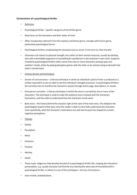 Conventions of a psychological thriller • Definition • Psychological thriller - specific sub genre of the thriller... How To Write Psychological Thrillers, Psychological Thriller Writing Tips, Writing Psychological Horror, How To Write Thriller, Psychological Thriller Prompts, Writing Psychological Thriller, Psychological Horror Story Prompts, How To Write A Thriller Novel, How To Write A Psychological Thriller