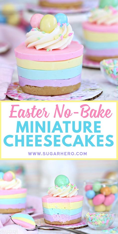 Easter No-Bake Mini Cheesecakes - pastel striped cheesecakes that are super easy, no baking required! | From SugarHero.com #easter #easterdessert #nobakedessert #cheesecake #nobakecheesecake #pasteldessert #pastelrainbow Biscotti Cheesecake, Easter Cheesecake, Pastel Desserts, Easy Easter Desserts, Easter Snacks, Easter Sweets, Easter Desserts Recipes, Easter Baking, Bake Cheesecake