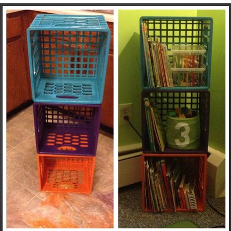 Diy kids bookcase out of milk crates. Found the milk crates at a gas station. Spray painted, zip tied together so they don't fall. Milk Crates, Kids Bookcase, Bookshelves Diy, Room Redo, Girly Shoes, Zip Ties, Fun Diy Crafts, Fun Diy, Classroom Organization