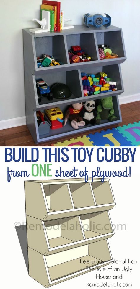 Organize kids' toys with this easy to build toy cubby shelf, inexpensively built using just one sheet of plywood @Remodelaholic Diy Shelves Bedroom, Toy Storage Furniture, Living Room Toy Storage, Perlengkapan Bayi Diy, Organize Toys, Diy Toy Storage, Kids Toy Organization, Kids Rooms Diy, Diy Bebe