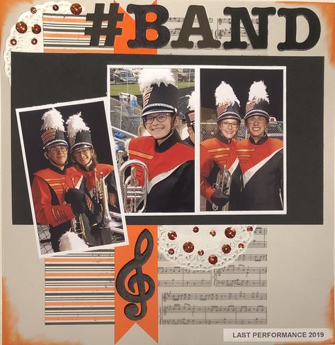 School Scrapbook Layouts, Kids Memories, School Scrapbook, High School Band, Scrapbook Layout Sketches, Music Page, Band Pictures, Color Guard, Band Posters