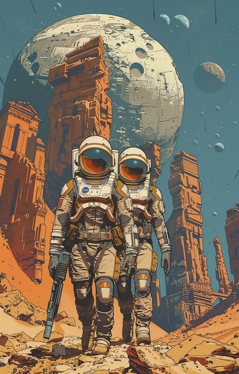 Retro Scifi Art, Space Concept Art, Scifi Landscape, Alien Desert, Two Astronauts, Vintage Space Poster, Dystopian Art, Desert Planet, Retro Scifi