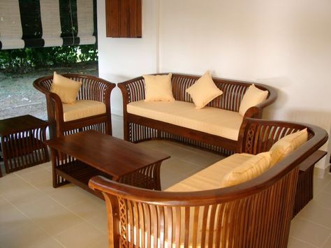 Slatted sofa set in teak Teak Sofa Living Rooms, Teak Wood Sofa Design Living Rooms, Teak Wood Sofa Set Designs, Bamboo Sofa Set, Sofa Makeover Ideas, Teakwood Sofa, Sofa Aesthetic, Latest Cupboard Designs, Wooden Bedroom Furniture Sets