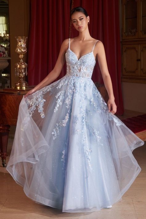 A Line Lace Prom Dress, Prom Dresses With Butterflies, Light Blue Prom Dress Long Flowy, Prom Dresses With Corset Top, Prom Dresses Inspiration, Long Ball Dresses, Gown Cinderella, Corset Ball Gowns, Prom Dresses A Line