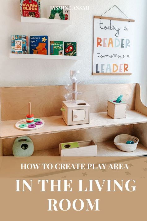 Combined Living And Play Area, Montessori Playroom Living Room, Living Room Play Corner Small Spaces, Ikea Play Area In Living Room, Montessori Living Room Play Area, Play Space In Living Room Modern, Creating A Play Area In Living Room, Ikea Play Corner, Montessori Corner Living Room