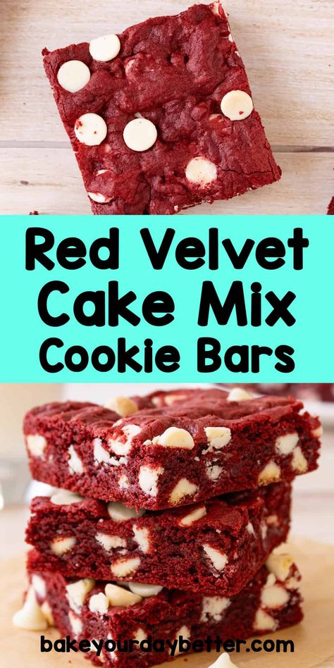 Red Velvet Cake Mix Cookie Bars Red Velvet Cookie Bars Recipes, Red Velvet Cookie Bars, Red Velvet Cake Cookies, Red Velvet Cake Mix Cookies, Cake Mix Bars, Cake Mix Cookie, Cake Mix Cookie Bars, Cookie Bars Easy, Red Velvet Cake Mix