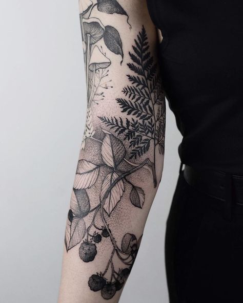 Tattooer, Wroclaw, Poland on Instagram: “Second session of the dark forest sleeve 🖤🖤 @nasza_tattoo_shop #illustration #dżolama #sleeve #forest #mushrooms #ink #graphic #black…” Foliage Half Sleeve Tattoo, Forest Filler Tattoo, Forest Half Sleeve Tattoo Women, Woodland Sleeve Tattoo For Women, Womens Nature Sleeve Tattoo, Forest Forearm Tattoo Women, Nature Tattoo Cover Up, Fern Floral Tattoo, Botanical Sleeve Tattoos For Women